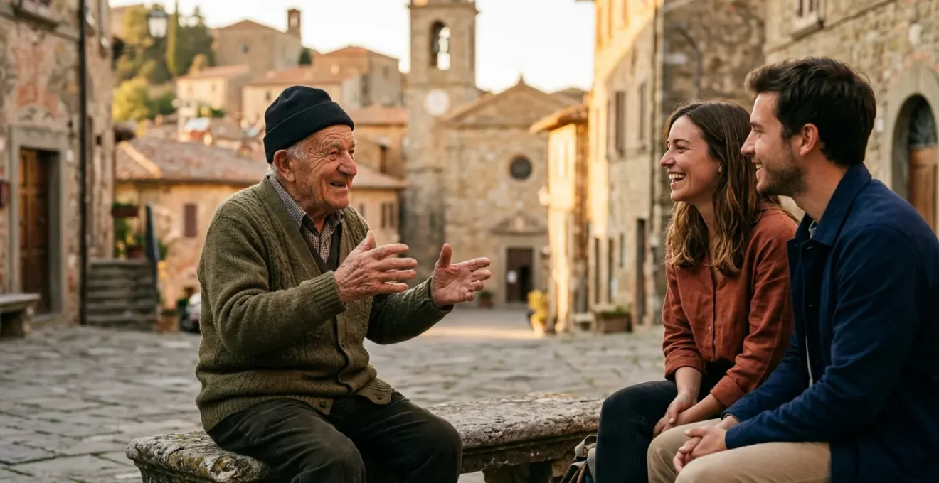 Anziano seduto su panchina di pietra in piazza italiana racconta storie a viaggiatori
