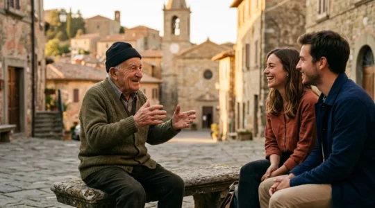 Anziano seduto su panchina di pietra in piazza italiana racconta storie a viaggiatori