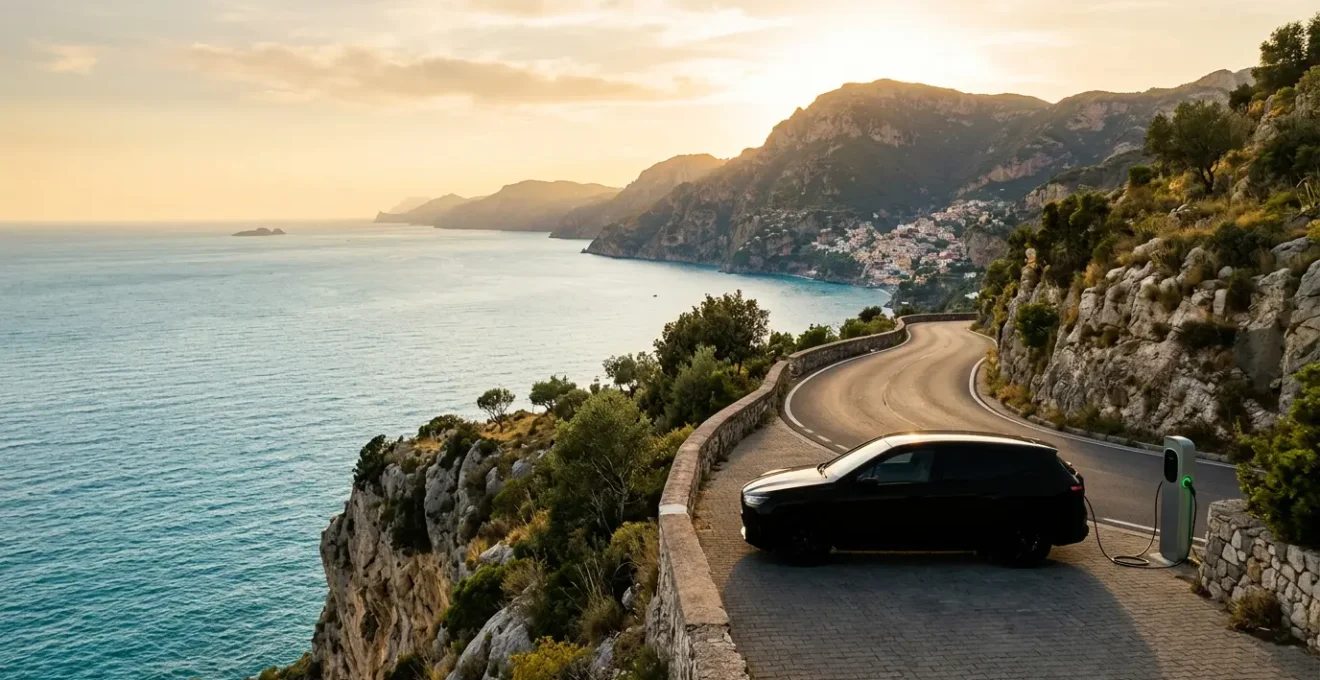 Vista panoramica di una strada costiera del Sud Italia con auto elettrica in ricarica presso una stazione moderna