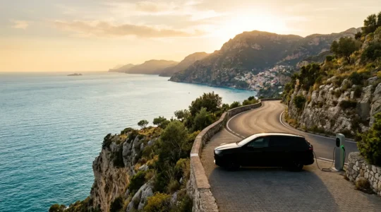 Vista panoramica di una strada costiera del Sud Italia con auto elettrica in ricarica presso una stazione moderna