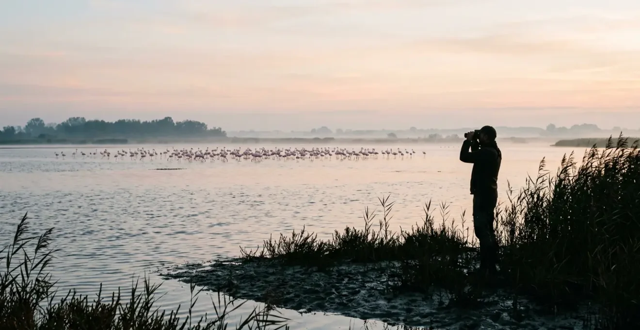 Birdwatcher con binocolo osserva fenicotteri rosa nel Delta del Po all'alba