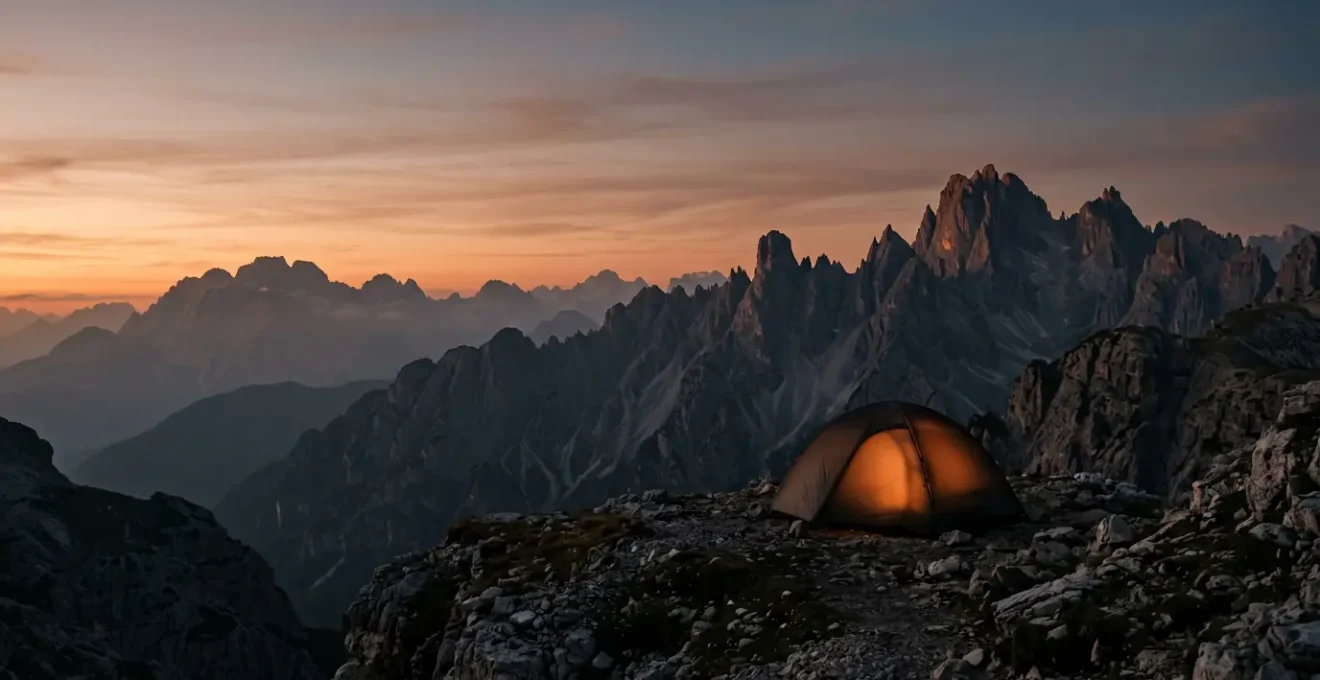 Tenda illuminata al tramonto sulle montagne italiane durante un bivacco notturno