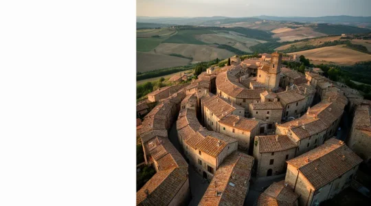 Vista panoramica di un borgo medievale italiano con vicoli tortuosi e case in pietra al tramonto