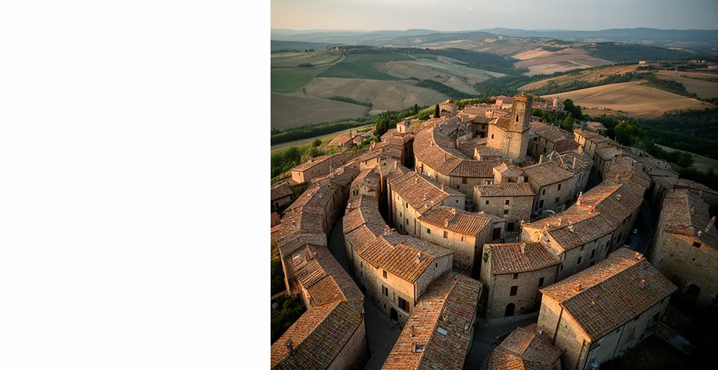 Vista panoramica di un borgo medievale italiano con vicoli tortuosi e case in pietra al tramonto