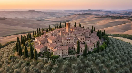 Vista aerea di un borgo italiano nascosto tra le colline al tramonto dorato