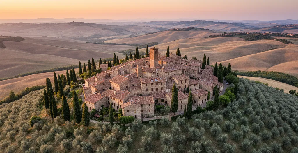 Vista aerea di un borgo italiano nascosto tra le colline al tramonto dorato
