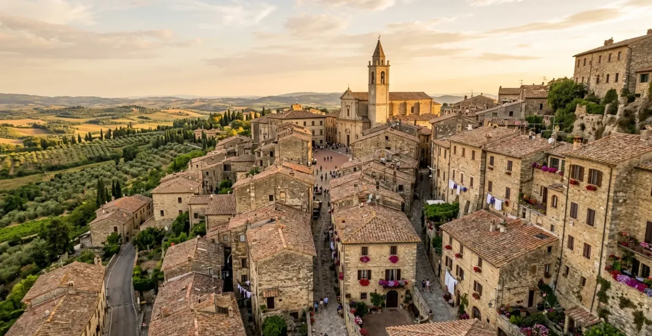 Vista panoramica di un borgo italiano medievale con case in pietra disposte su più livelli, vicoli stretti e finestre fiorite che ospitano un albergo diffuso