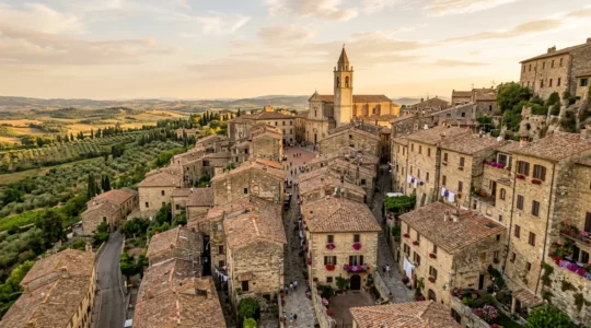 Vista panoramica di un borgo italiano medievale con case in pietra disposte su più livelli, vicoli stretti e finestre fiorite che ospitano un albergo diffuso