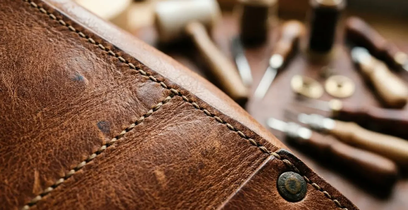 Borsa in cuoio artigianale italiano con dettagli di cucitura a mano visibili