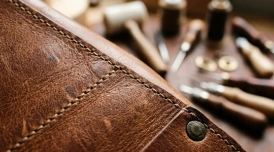 Borsa in cuoio artigianale italiano con dettagli di cucitura a mano visibili