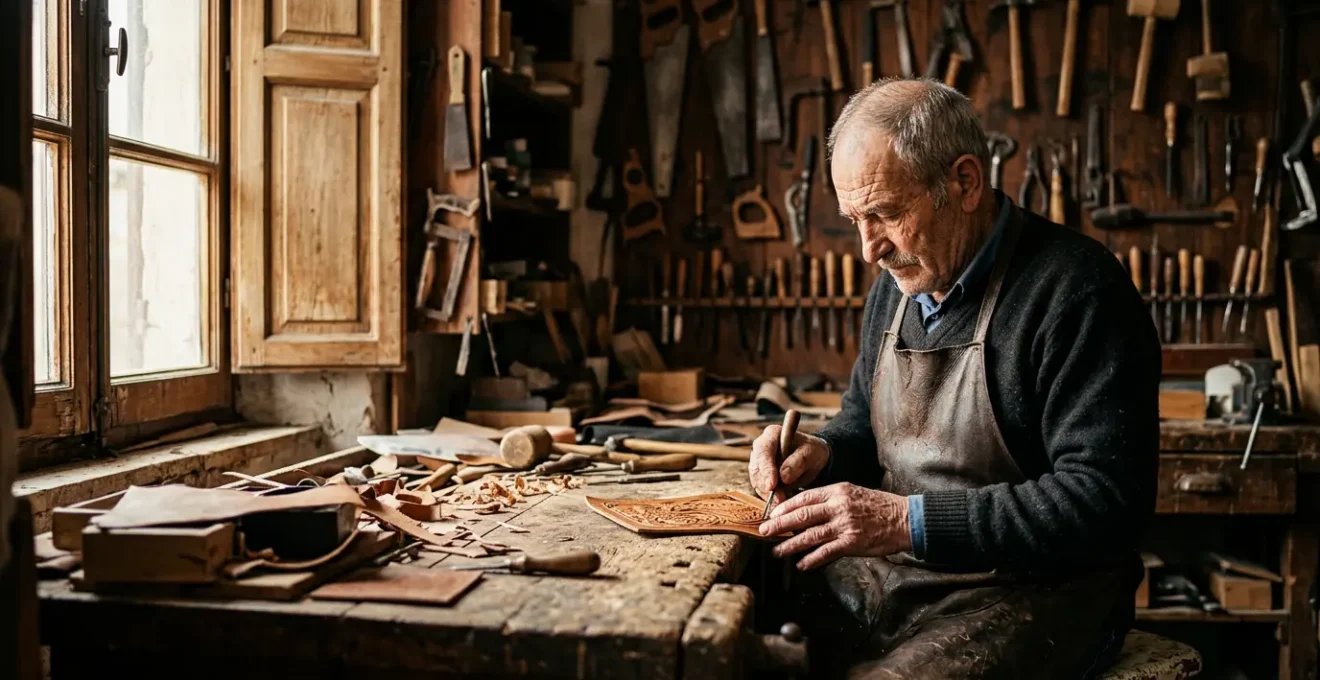 Maestro artigiano italiano al lavoro nella sua bottega storica con strumenti tradizionali