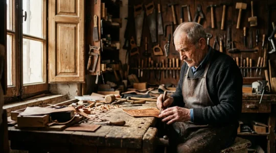 Maestro artigiano italiano al lavoro nella sua bottega storica con strumenti tradizionali