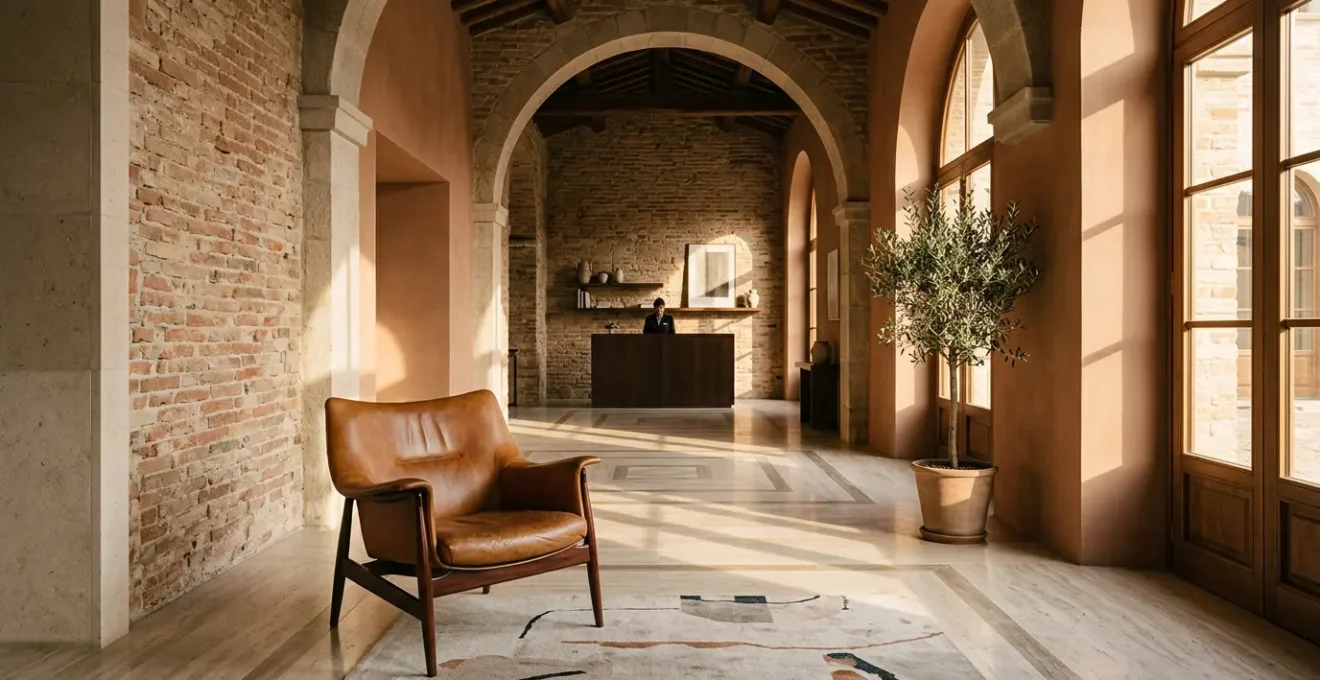Interior elegante di un boutique hotel italiano con dettagli artigianali e atmosfera accogliente
