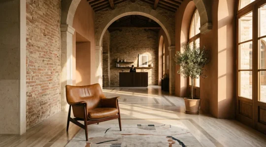 Interior elegante di un boutique hotel italiano con dettagli artigianali e atmosfera accogliente