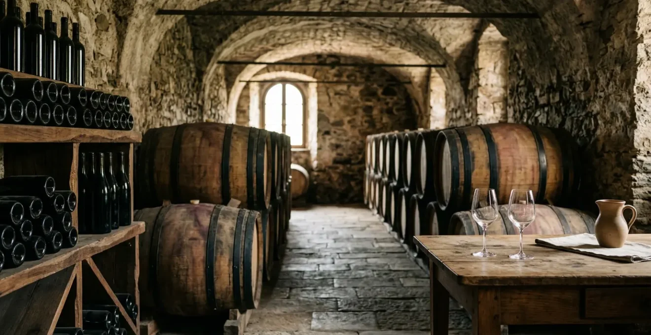 Vista di una cantina italiana con botti di legno e bottiglie esposte su scaffali, luce naturale dalle finestre ad arco