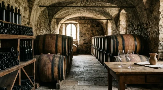 Vista di una cantina italiana con botti di legno e bottiglie esposte su scaffali, luce naturale dalle finestre ad arco