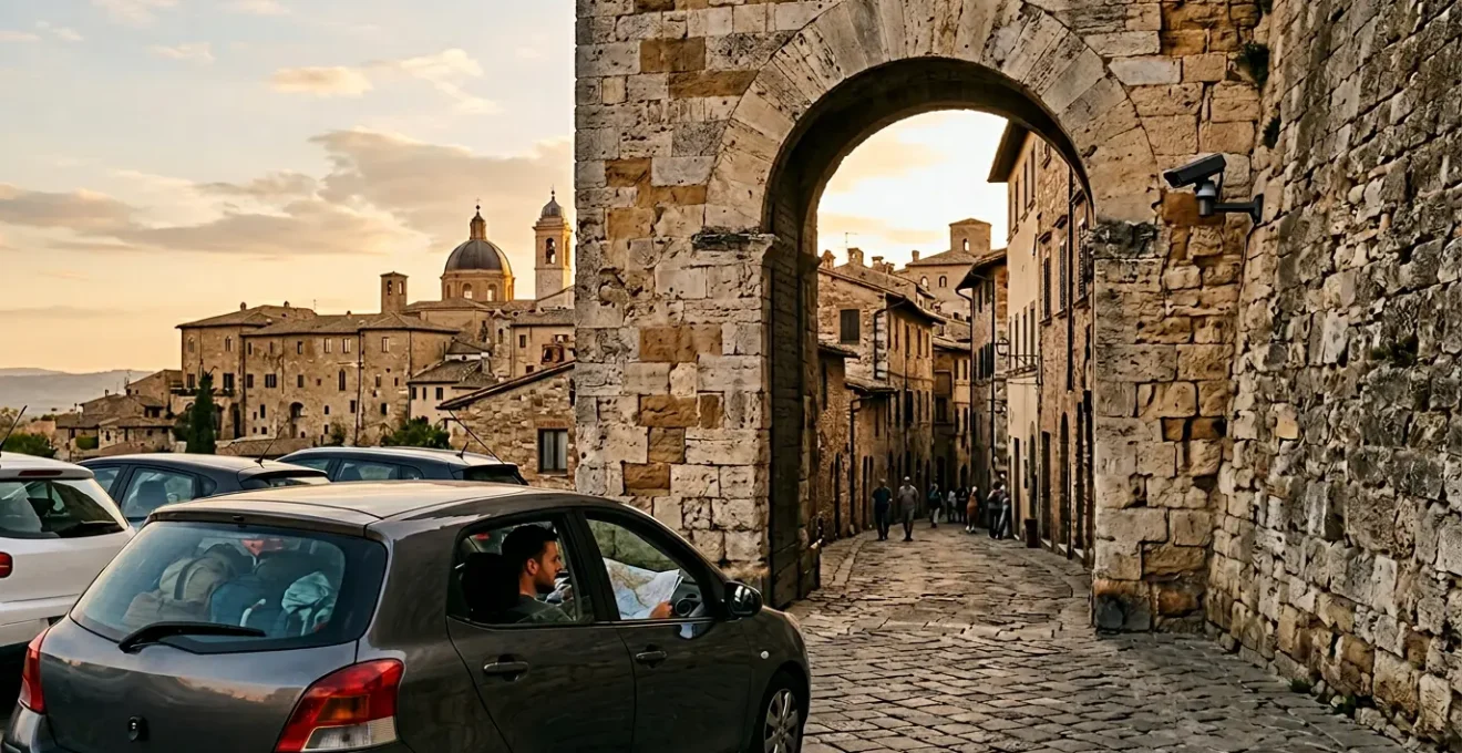 Vista panoramica di un varco ZTL all'ingresso di un centro storico italiano con telecamera di controllo