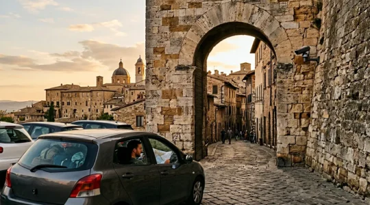 Vista panoramica di un varco ZTL all'ingresso di un centro storico italiano con telecamera di controllo