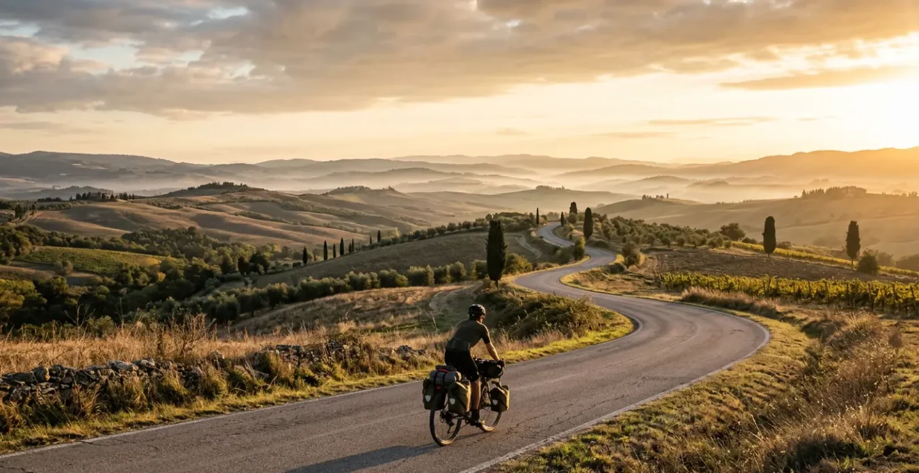 Ciclista in paesaggio collinare con borse da viaggio al tramonto
