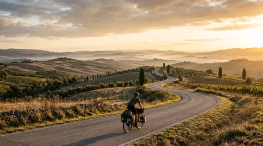 Ciclista in paesaggio collinare con borse da viaggio al tramonto
