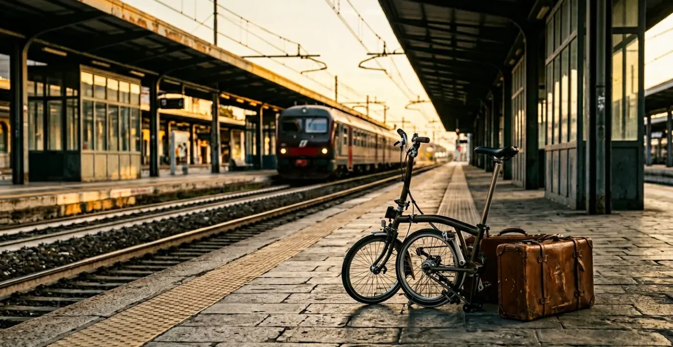 Cicloturista con bici pieghevole in una stazione ferroviaria italiana al tramonto, pronto per un viaggio sostenibile