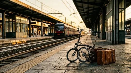 Cicloturista con bici pieghevole in una stazione ferroviaria italiana al tramonto, pronto per un viaggio sostenibile