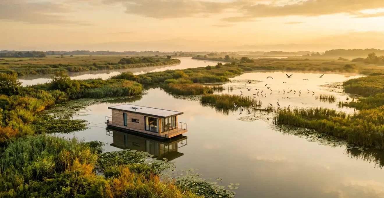Vista panoramica di una houseboat che naviga tra le acque calme del Po con aironi in volo e vegetazione rigogliosa