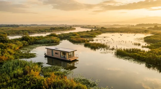 Vista panoramica di una houseboat che naviga tra le acque calme del Po con aironi in volo e vegetazione rigogliosa
