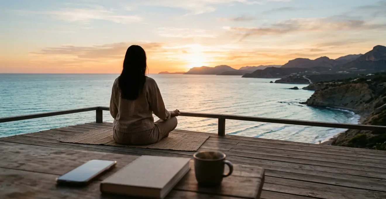 Persona in meditazione su terrazza vista mare, smartphone spento su tavolo in primo piano sfocato