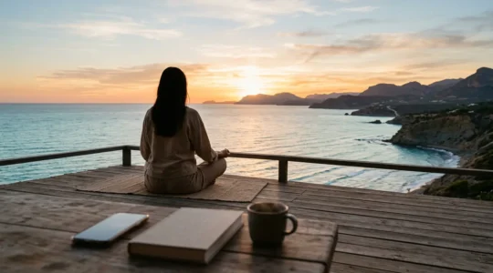 Persona in meditazione su terrazza vista mare, smartphone spento su tavolo in primo piano sfocato