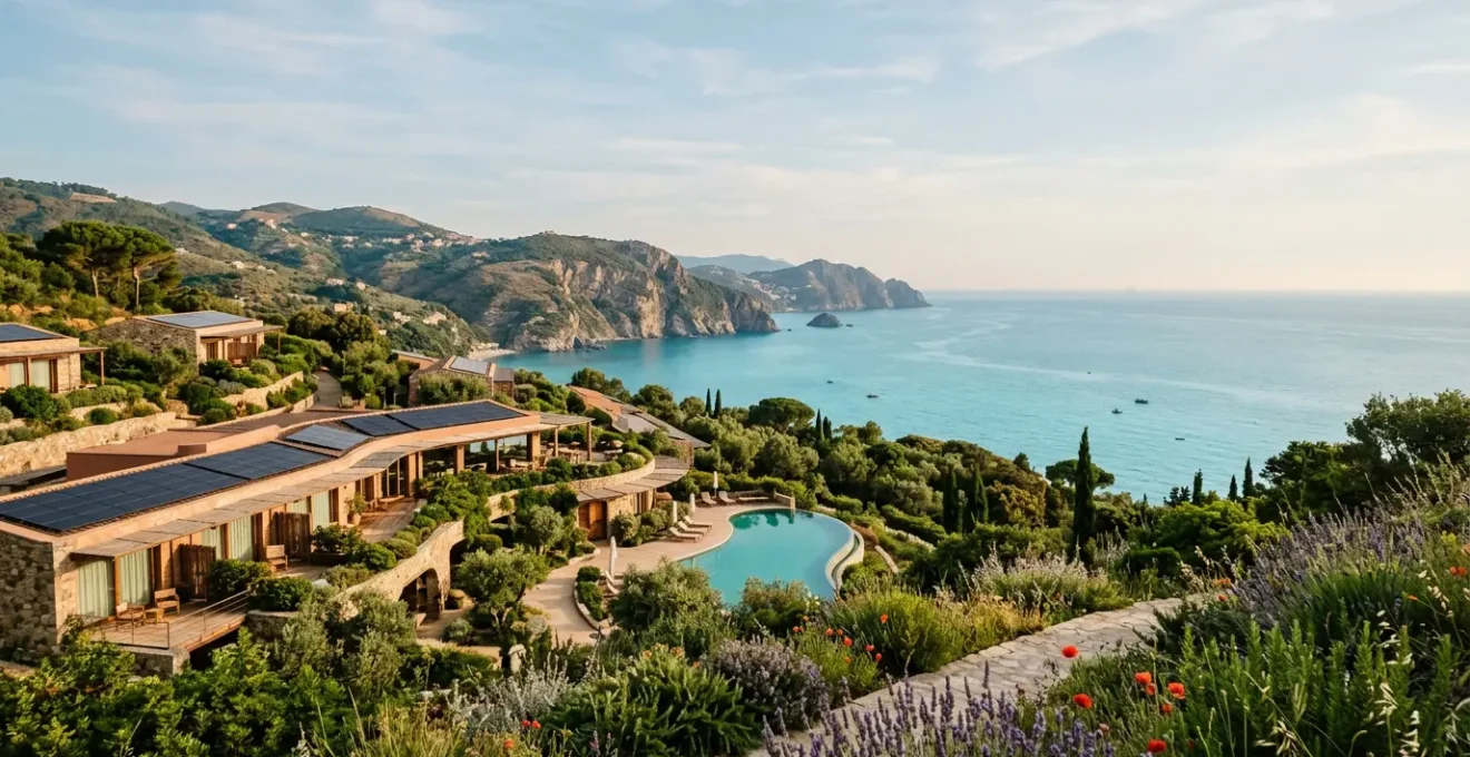 Vista panoramica di un eco-resort italiano immerso nella natura con architettura integrata nel paesaggio