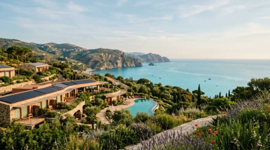 Vista panoramica di un eco-resort italiano immerso nella natura con architettura integrata nel paesaggio
