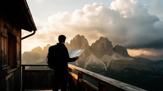 Escursionista che osserva l'orizzonte dal balcone di un rifugio dolomitico mentre il sole cala tra le cime