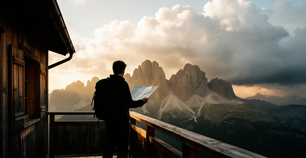 Escursionista che osserva l'orizzonte dal balcone di un rifugio dolomitico mentre il sole cala tra le cime