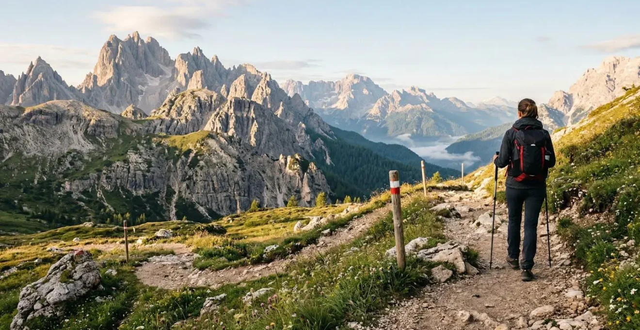 Escursionista che osserva il panorama alpino delle Dolomiti seguendo i sentieri segnalati