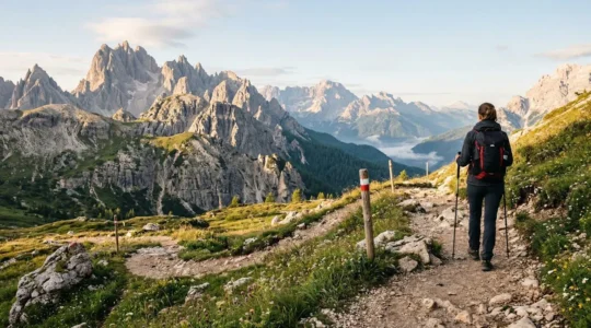 Escursionista che osserva il panorama alpino delle Dolomiti seguendo i sentieri segnalati