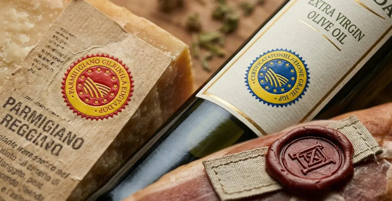 Dettaglio ravvicinato di etichette DOP e IGP su prodotti alimentari italiani con focus sui sigilli di autenticità