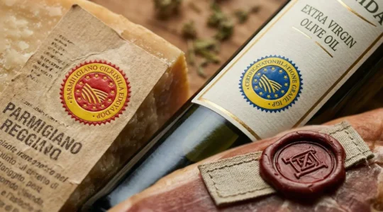 Dettaglio ravvicinato di etichette DOP e IGP su prodotti alimentari italiani con focus sui sigilli di autenticità