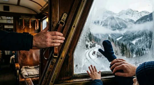 Due treni storici a vapore in partenza da una stazione ferroviaria italiana con una famiglia che osserva