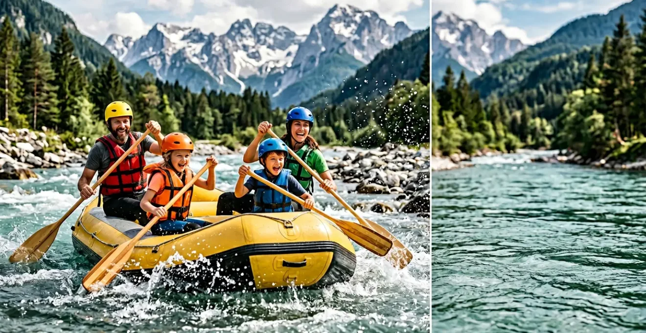 Famiglia con bambini su gommone da rafting in un fiume italiano, genitori e figli che pagaiano insieme
