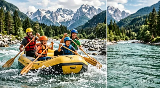 Famiglia con bambini su gommone da rafting in un fiume italiano, genitori e figli che pagaiano insieme