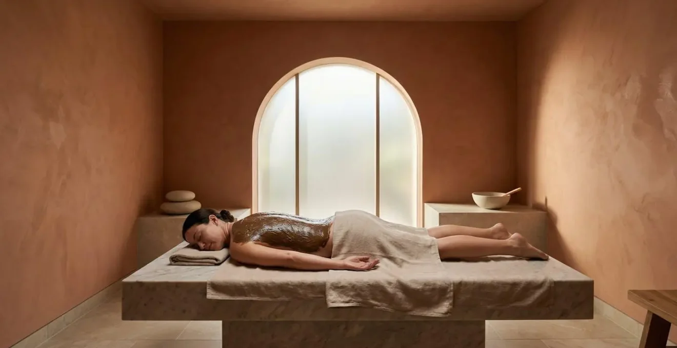 Applicazione di fango termale maturo su pelle in ambiente spa lussuoso