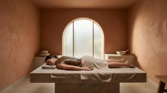 Applicazione di fango termale maturo su pelle in ambiente spa lussuoso