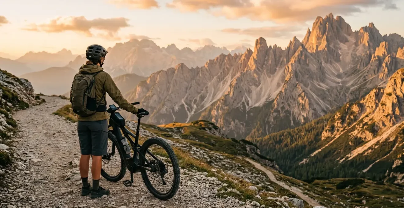 E-biker che controlla il display della batteria durante una sosta panoramica su un sentiero di montagna