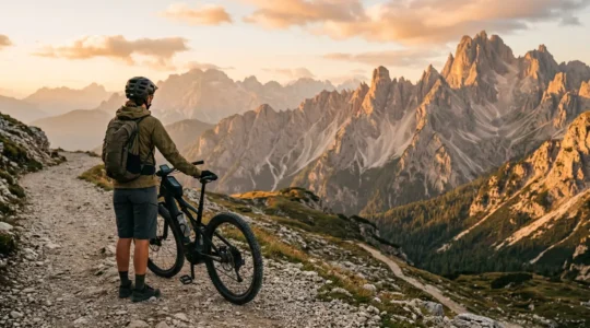 E-biker che controlla il display della batteria durante una sosta panoramica su un sentiero di montagna