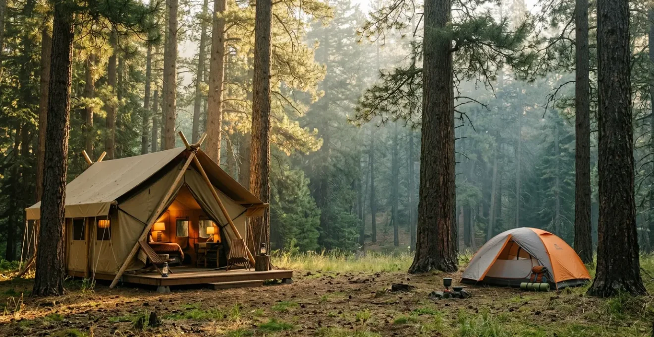 Vista panoramica di una tenda glamping di lusso e una tenda da campeggio tradizionale affiancate in un bosco al tramonto
