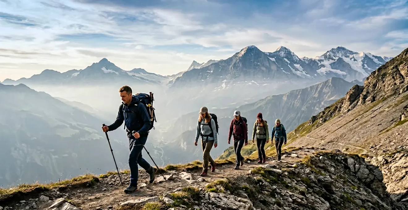 Guida alpina professionista che conduce un piccolo gruppo di escursionisti su un sentiero di alta montagna con vista panoramica sulle vette alpine