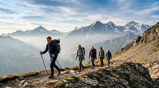 Guida alpina professionista che conduce un piccolo gruppo di escursionisti su un sentiero di alta montagna con vista panoramica sulle vette alpine