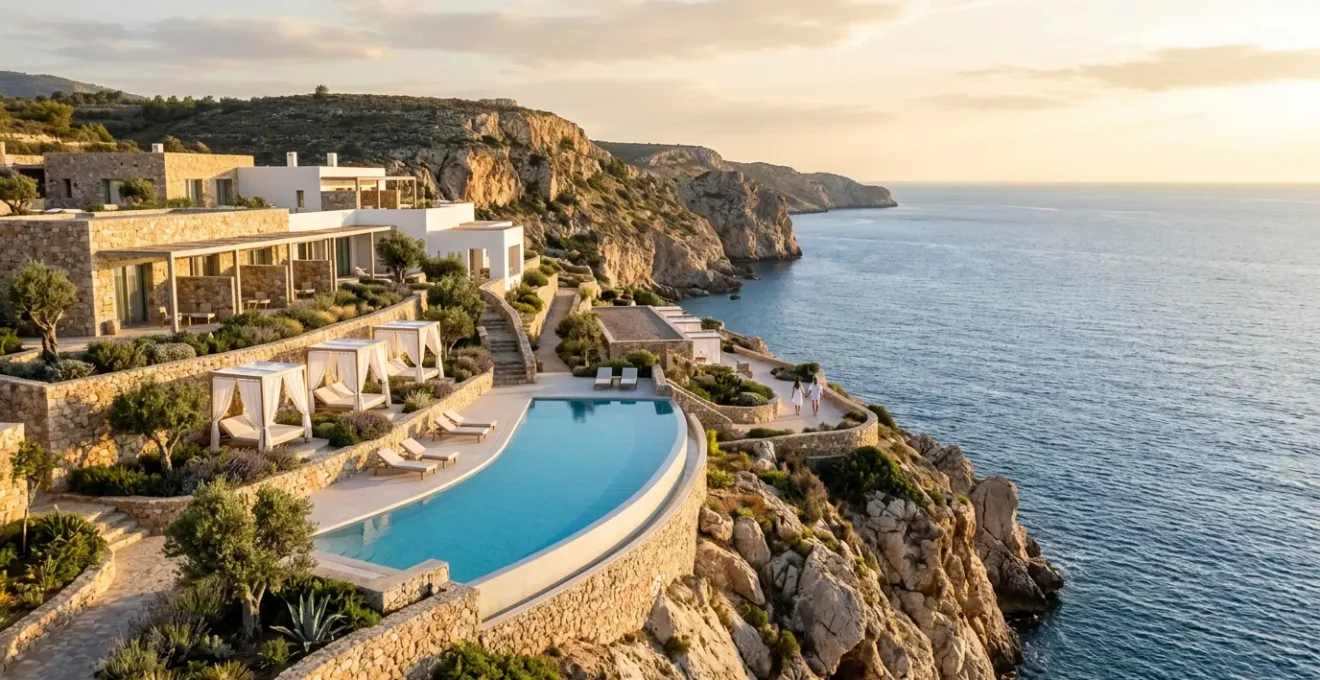 Vista panoramica di un hotel di lusso sulla costa italiana al tramonto con architettura elegante e piscina infinity