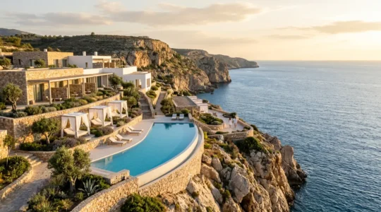 Vista panoramica di un hotel di lusso sulla costa italiana al tramonto con architettura elegante e piscina infinity